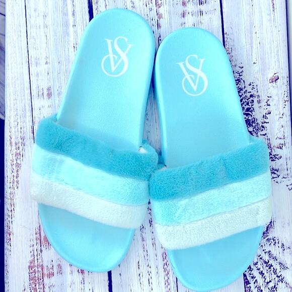 Victoria's Secret Striped Faux Fur Slides size Large - Picture 2 of 14